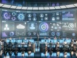 Kollaborativer Marketing-Kontrollraum mit Echtzeit-Dashboards, KI-Analytik, holografischen ML-/API-/Workflow-Elementen, Code und Datenschutzsymbolen in blauem Licht.