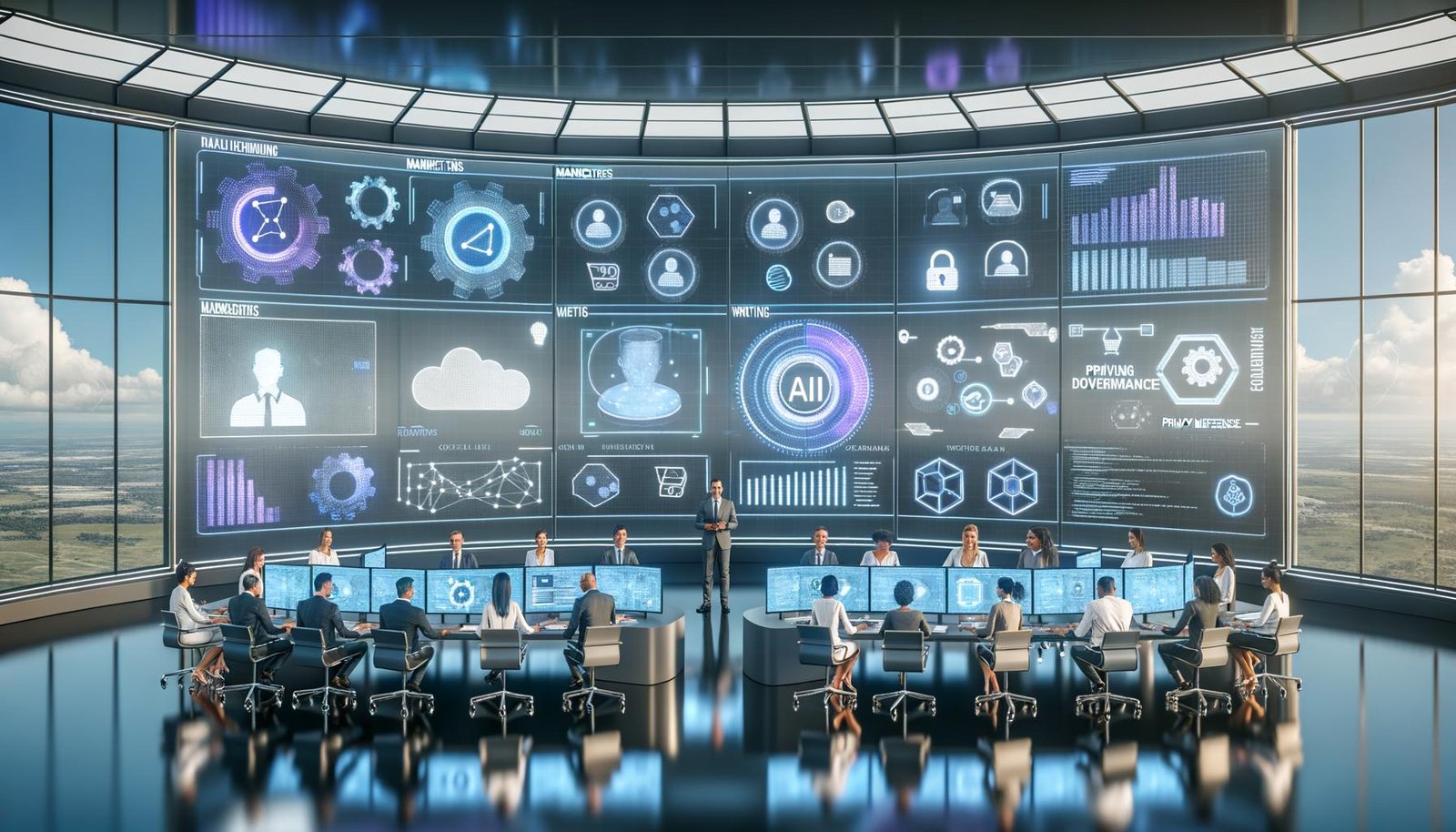 Kollaborativer Marketing-Kontrollraum mit Echtzeit-Dashboards, KI-Analytik, holografischen ML-/API-/Workflow-Elementen, Code und Datenschutzsymbolen in blauem Licht.