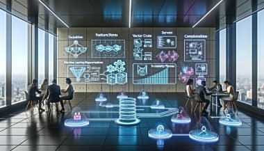 Futuristischer Arbeitsplatz mit holografischen Interfaces und schwebenden Analytics-Dashboards; ein diverses Team aus Data Scientists, Marketer:innen und Ingenieur:innen kollaboriert. Neonblaue Datenflüsse verbinden Feature Store, Server und Vektordatenbanken; sichtbare Guardrails und Datenschutz-Compliance im Fokus.