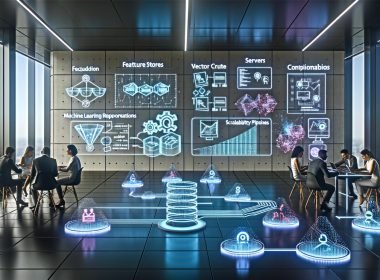 Futuristischer Arbeitsplatz mit holografischen Interfaces und schwebenden Analytics-Dashboards; ein diverses Team aus Data Scientists, Marketer:innen und Ingenieur:innen kollaboriert. Neonblaue Datenflüsse verbinden Feature Store, Server und Vektordatenbanken; sichtbare Guardrails und Datenschutz-Compliance im Fokus.