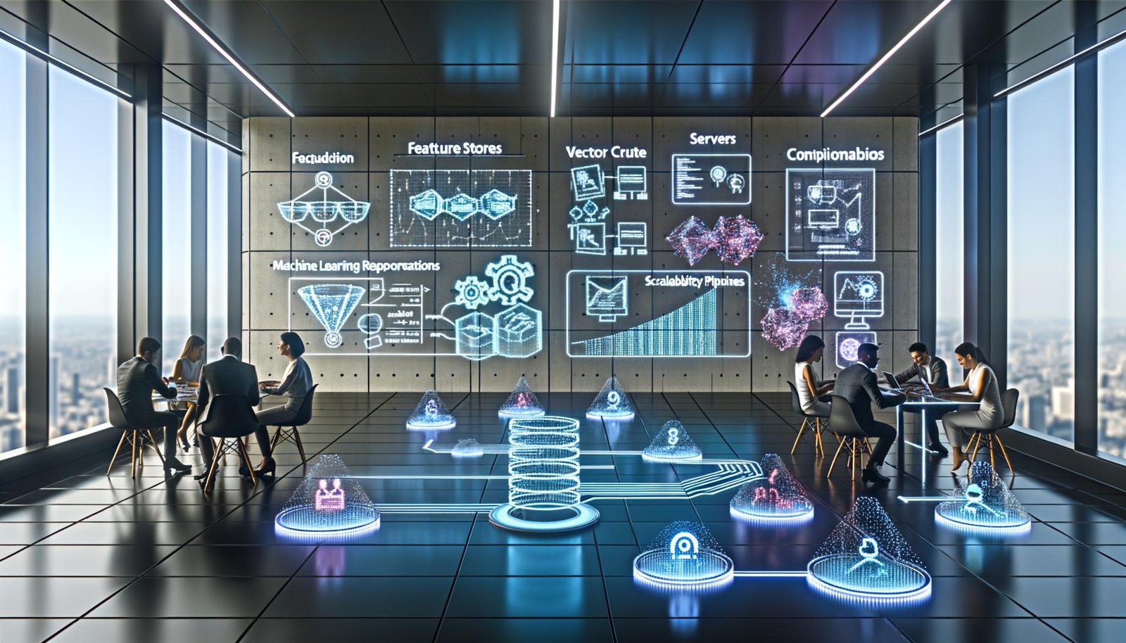 Futuristischer Arbeitsplatz mit holografischen Interfaces und schwebenden Analytics-Dashboards; ein diverses Team aus Data Scientists, Marketer:innen und Ingenieur:innen kollaboriert. Neonblaue Datenflüsse verbinden Feature Store, Server und Vektordatenbanken; sichtbare Guardrails und Datenschutz-Compliance im Fokus.