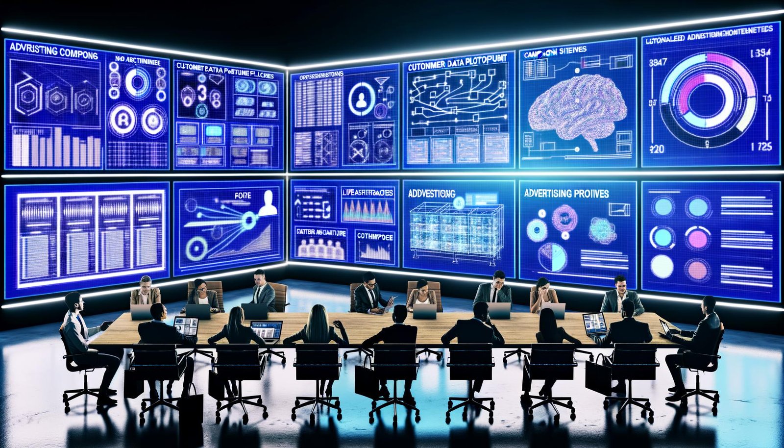 Hightech-Marketing-Kontrollraum mit großen Screens voller Dashboards, Echtzeit-Analytics und Diagrammen neuronaler Netze; ein diverses Team optimiert Kampagnen an Laptops und Tablets, ein Serverrack leuchtet; vorn kontrastieren chaotische Bauchgefühl-Notizen mit klaren, automatisierten Workflow-Diagrammen.