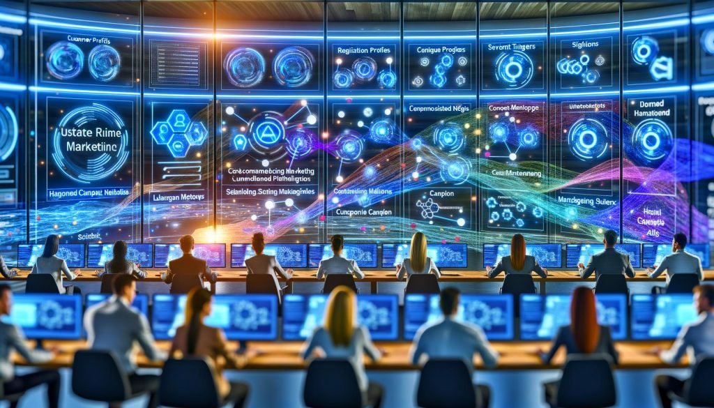 Dynamischer, futuristischer Marketing‑Kontrollraum mit vernetzten Dashboards und Datenströmen; diverse Fachleute steuern Kampagnen per Touchscreen, KI verknüpft CRM, CDP, Segmentierung und Consent‑Management.