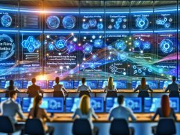 Dynamischer, futuristischer Marketing‑Kontrollraum mit vernetzten Dashboards und Datenströmen; diverse Fachleute steuern Kampagnen per Touchscreen, KI verknüpft CRM, CDP, Segmentierung und Consent‑Management.