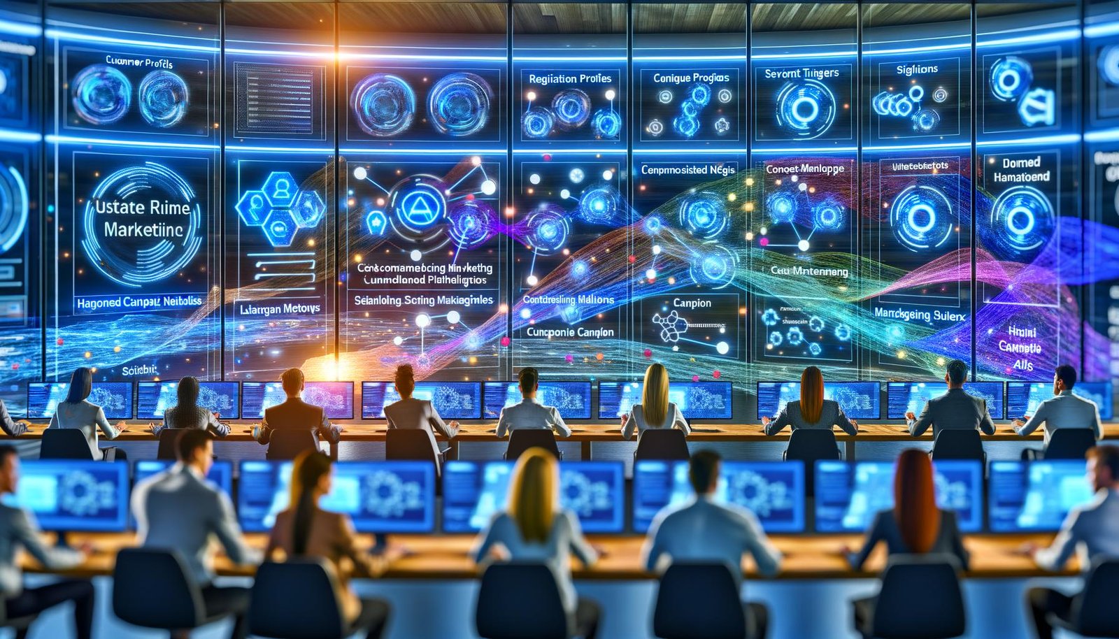 Dynamischer, futuristischer Marketing‑Kontrollraum mit vernetzten Dashboards und Datenströmen; diverse Fachleute steuern Kampagnen per Touchscreen, KI verknüpft CRM, CDP, Segmentierung und Consent‑Management.