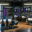 Moderner digitaler Marketing-Kontrollraum mit großen Echtzeit-Dashboards; Expertin trainiert ein ML-Modell in Python (Logistic Regression), anderer passt Kampagnen per API an mit Einwilligungs-Hinweisen; Whiteboard von Tracking bis Umsatz; GDPR/DSGVO- und ethische KI-Icons; Side-Screen mit 90‑Tage‑Roadmap und Tools wie BigQuery, dbt, Kafka.