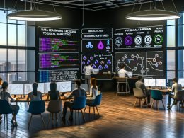Moderner digitaler Marketing-Kontrollraum mit großen Echtzeit-Dashboards; Expertin trainiert ein ML-Modell in Python (Logistic Regression), anderer passt Kampagnen per API an mit Einwilligungs-Hinweisen; Whiteboard von Tracking bis Umsatz; GDPR/DSGVO- und ethische KI-Icons; Side-Screen mit 90‑Tage‑Roadmap und Tools wie BigQuery, dbt, Kafka.
