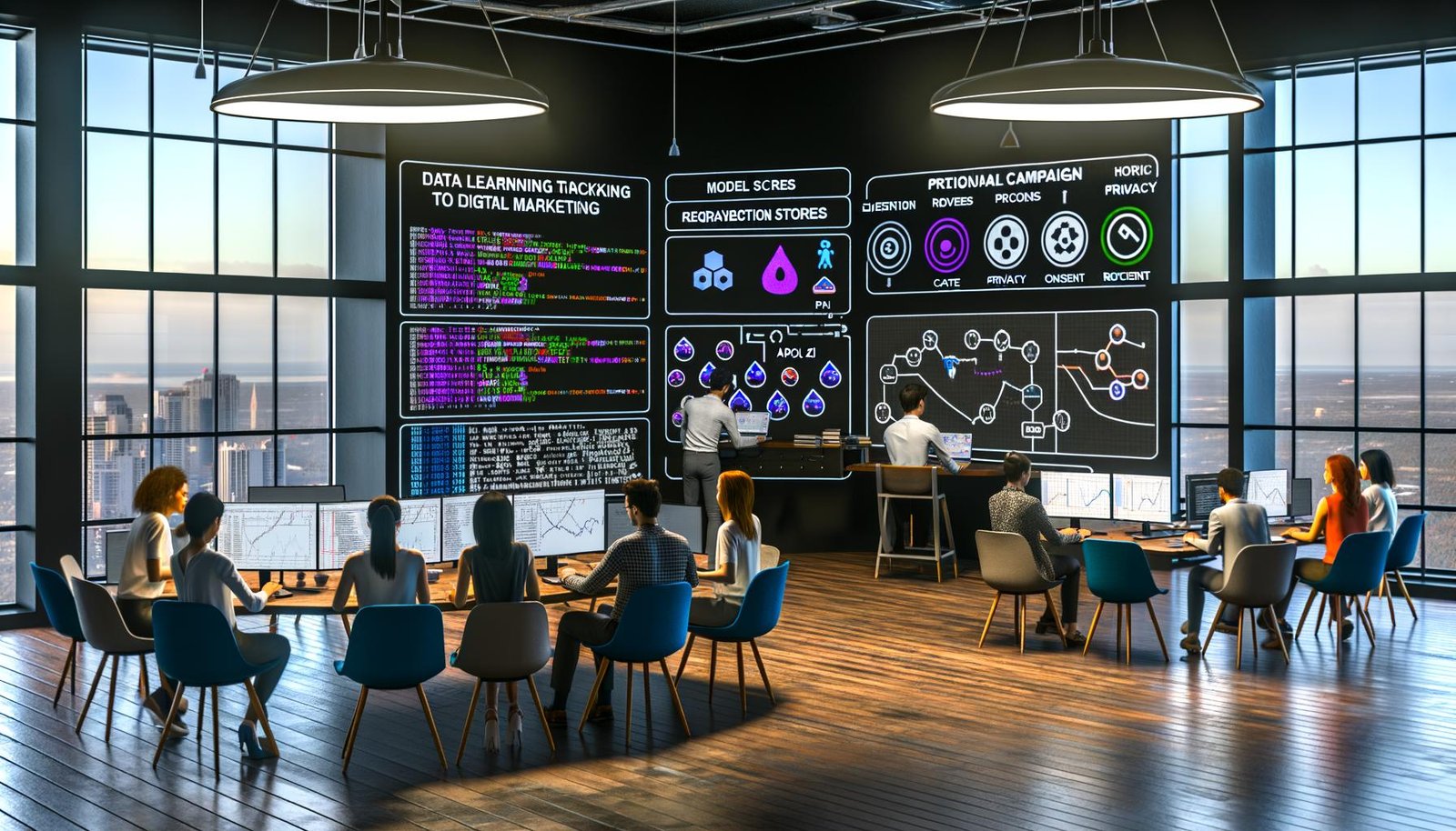 Moderner digitaler Marketing-Kontrollraum mit großen Echtzeit-Dashboards; Expertin trainiert ein ML-Modell in Python (Logistic Regression), anderer passt Kampagnen per API an mit Einwilligungs-Hinweisen; Whiteboard von Tracking bis Umsatz; GDPR/DSGVO- und ethische KI-Icons; Side-Screen mit 90‑Tage‑Roadmap und Tools wie BigQuery, dbt, Kafka.
