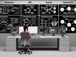 Analyst in einem High-Tech-Büro vor digitalen Dashboards mit Datenflüssen, API-Endpunkten, Consent-Management und Segmentierungsdiagrammen; Whiteboard mit Event-Schemata und Journey-Diagrammen; dezente Omnichannel-Icons.