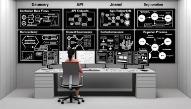 Analyst in einem High-Tech-Büro vor digitalen Dashboards mit Datenflüssen, API-Endpunkten, Consent-Management und Segmentierungsdiagrammen; Whiteboard mit Event-Schemata und Journey-Diagrammen; dezente Omnichannel-Icons.