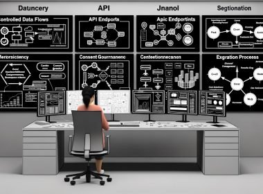 Analyst in einem High-Tech-Büro vor digitalen Dashboards mit Datenflüssen, API-Endpunkten, Consent-Management und Segmentierungsdiagrammen; Whiteboard mit Event-Schemata und Journey-Diagrammen; dezente Omnichannel-Icons.