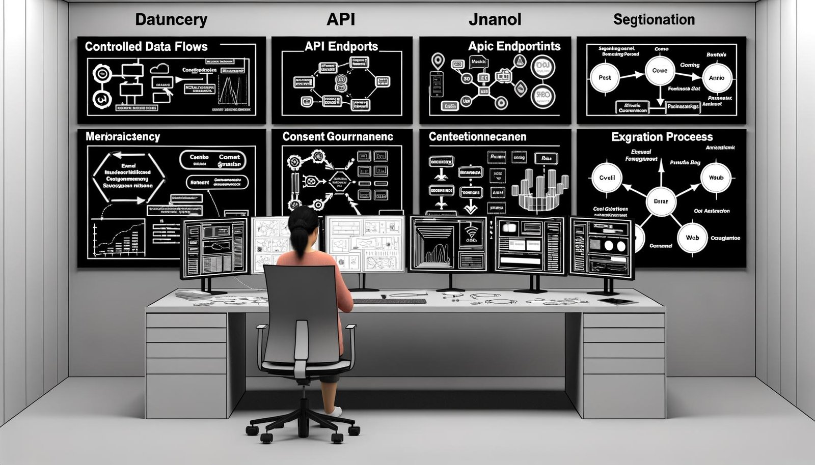 Analyst in einem High-Tech-Büro vor digitalen Dashboards mit Datenflüssen, API-Endpunkten, Consent-Management und Segmentierungsdiagrammen; Whiteboard mit Event-Schemata und Journey-Diagrammen; dezente Omnichannel-Icons.