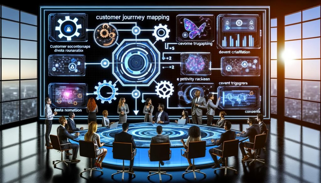 Hightech-Marketing-Kommandozentrale mit Echtzeit-Dashboards, holografischen Workflows und Team am beleuchteten Whiteboard; Symbole für DSGVO, Identitätsauflösung, Datenpipelines, Cloud, KI, E-Mail, Mobile und Performance; dynamische, zukunftsorientierte Stimmung.