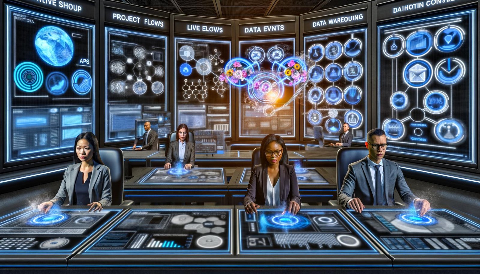 Futuristischer Digital‑Marketing‑Kontrollraum mit diversen Profis an Workstations, großen Monitoren mit Echtzeit‑Dashboards, Workflow‑Diagrammen und Datenpipelines; holografische CRM‑, CDP‑ und Data‑Warehouse‑Modelle, im Hintergrund APIs, Webhooks und KI‑Entscheidungsbäume; energiegeladene, präzise, praxisnahe Atmosphäre.