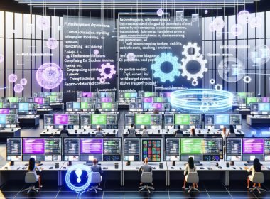 Team in E‑Commerce‑Kontrollzentrum vor Dashboards zu personalisierten Anzeigen, Empfehlungen und Echtzeitanalysen; leuchtende Datenpipelines zu Datenbanken, Cloud und KI, Algorithmen‑Overlays, Flywheel sowie Sicherheits‑ und Einwilligungssymbole.