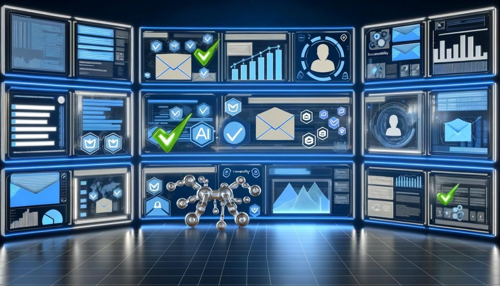 Futuristischer Arbeitsplatz mit transparenten Bildschirmen, die automatisierte E‑Mail‑Workflows, Datenflüsse, Analytics‑Dashboards, KI‑Personalisierung, Sicherheit, Compliance, A/B‑Tests, Zustellbarkeit und KPIs visualisieren.
