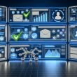 Futuristischer Arbeitsplatz mit transparenten Bildschirmen, die automatisierte E‑Mail‑Workflows, Datenflüsse, Analytics‑Dashboards, KI‑Personalisierung, Sicherheit, Compliance, A/B‑Tests, Zustellbarkeit und KPIs visualisieren.
