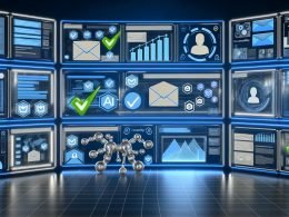 Futuristischer Arbeitsplatz mit transparenten Bildschirmen, die automatisierte E‑Mail‑Workflows, Datenflüsse, Analytics‑Dashboards, KI‑Personalisierung, Sicherheit, Compliance, A/B‑Tests, Zustellbarkeit und KPIs visualisieren.
