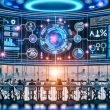 Futuristischer Marketing-Kontrollraum mit großen, leuchtenden Dashboards und Screens, die Echtzeit-Analysen und KI-Performance-Grafiken zeigen; diverses Team aus Data Scientists, Marketer:innen, Creatives und Legal arbeitet an einer zentralen Tischinsel mit Laptops und Markenmaterialien; im Vordergrund eine digitale Datenpipeline von Customer Touchpoints zu KI-Systemen mit transparenten Knoten (Content-Generierung, prädiktive Analysen, automatisierte Entscheidungen); Overlays aus Code, Datenverträgen und Sicherheits-Icons; im Hintergrund eine Stadt bei Morgendämmerung; Farbpalette: Cyan, Mitternachtsblau, Orange.