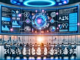 Futuristischer Marketing-Kontrollraum mit großen, leuchtenden Dashboards und Screens, die Echtzeit-Analysen und KI-Performance-Grafiken zeigen; diverses Team aus Data Scientists, Marketer:innen, Creatives und Legal arbeitet an einer zentralen Tischinsel mit Laptops und Markenmaterialien; im Vordergrund eine digitale Datenpipeline von Customer Touchpoints zu KI-Systemen mit transparenten Knoten (Content-Generierung, prädiktive Analysen, automatisierte Entscheidungen); Overlays aus Code, Datenverträgen und Sicherheits-Icons; im Hintergrund eine Stadt bei Morgendämmerung; Farbpalette: Cyan, Mitternachtsblau, Orange.