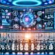 Futuristischer Marketing-Kontrollraum mit großen, leuchtenden Dashboards und Screens, die Echtzeit-Analysen und KI-Performance-Grafiken zeigen; diverses Team aus Data Scientists, Marketer:innen, Creatives und Legal arbeitet an einer zentralen Tischinsel mit Laptops und Markenmaterialien; im Vordergrund eine digitale Datenpipeline von Customer Touchpoints zu KI-Systemen mit transparenten Knoten (Content-Generierung, prädiktive Analysen, automatisierte Entscheidungen); Overlays aus Code, Datenverträgen und Sicherheits-Icons; im Hintergrund eine Stadt bei Morgendämmerung; Farbpalette: Cyan, Mitternachtsblau, Orange.