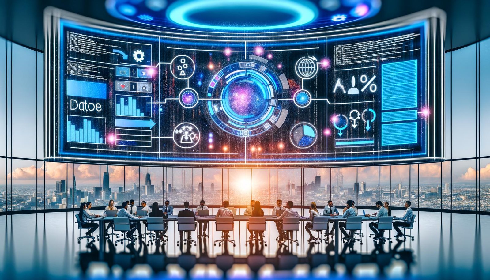 Futuristischer Marketing-Kontrollraum mit großen, leuchtenden Dashboards und Screens, die Echtzeit-Analysen und KI-Performance-Grafiken zeigen; diverses Team aus Data Scientists, Marketer:innen, Creatives und Legal arbeitet an einer zentralen Tischinsel mit Laptops und Markenmaterialien; im Vordergrund eine digitale Datenpipeline von Customer Touchpoints zu KI-Systemen mit transparenten Knoten (Content-Generierung, prädiktive Analysen, automatisierte Entscheidungen); Overlays aus Code, Datenverträgen und Sicherheits-Icons; im Hintergrund eine Stadt bei Morgendämmerung; Farbpalette: Cyan, Mitternachtsblau, Orange.