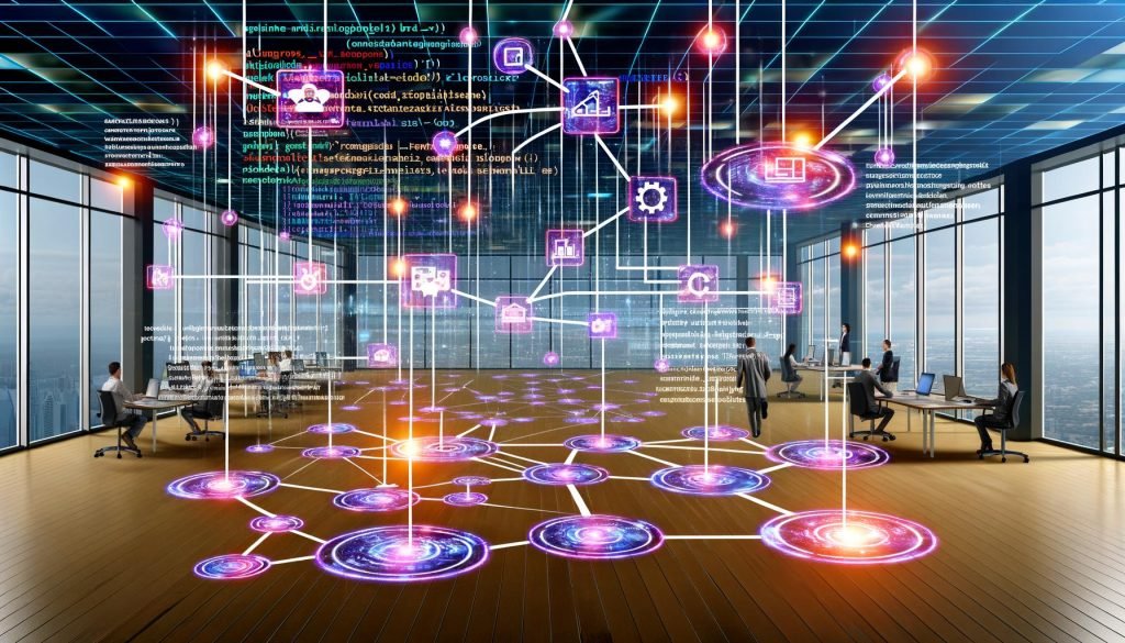 Moderner Workspace mit Marketingprofis und schwebenden Screens, die integrierte SaaS‑Tools wie Zapier, Google Analytics, Facebook Ads und Slack zeigen. In der Mitte ein modularer Workflow mit Triggern, Aktionen, Code, Formatter, Schleifen und Verzweigungen; Datenströme über Webhooks, Tables, Interfaces und Events Monitoring, verbunden durch Datenverträge und Versionierung.