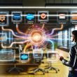 Marketerin bedient ein großes Touchscreen-Dashboard für visuelle No-Code-Workflows; Datenströme verknüpfen HubSpot, Salesforce, Shopify, Meta Ads und Google Analytics, mit transparenten Pipelines, Fehlerhandling, Analysen und Alerts in modernem, warm beleuchtetem Workspace.