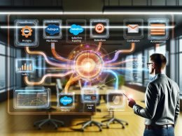 Marketerin bedient ein großes Touchscreen-Dashboard für visuelle No-Code-Workflows; Datenströme verknüpfen HubSpot, Salesforce, Shopify, Meta Ads und Google Analytics, mit transparenten Pipelines, Fehlerhandling, Analysen und Alerts in modernem, warm beleuchtetem Workspace.