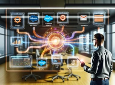 Marketerin bedient ein großes Touchscreen-Dashboard für visuelle No-Code-Workflows; Datenströme verknüpfen HubSpot, Salesforce, Shopify, Meta Ads und Google Analytics, mit transparenten Pipelines, Fehlerhandling, Analysen und Alerts in modernem, warm beleuchtetem Workspace.