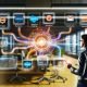 Marketerin bedient ein großes Touchscreen-Dashboard für visuelle No-Code-Workflows; Datenströme verknüpfen HubSpot, Salesforce, Shopify, Meta Ads und Google Analytics, mit transparenten Pipelines, Fehlerhandling, Analysen und Alerts in modernem, warm beleuchtetem Workspace.