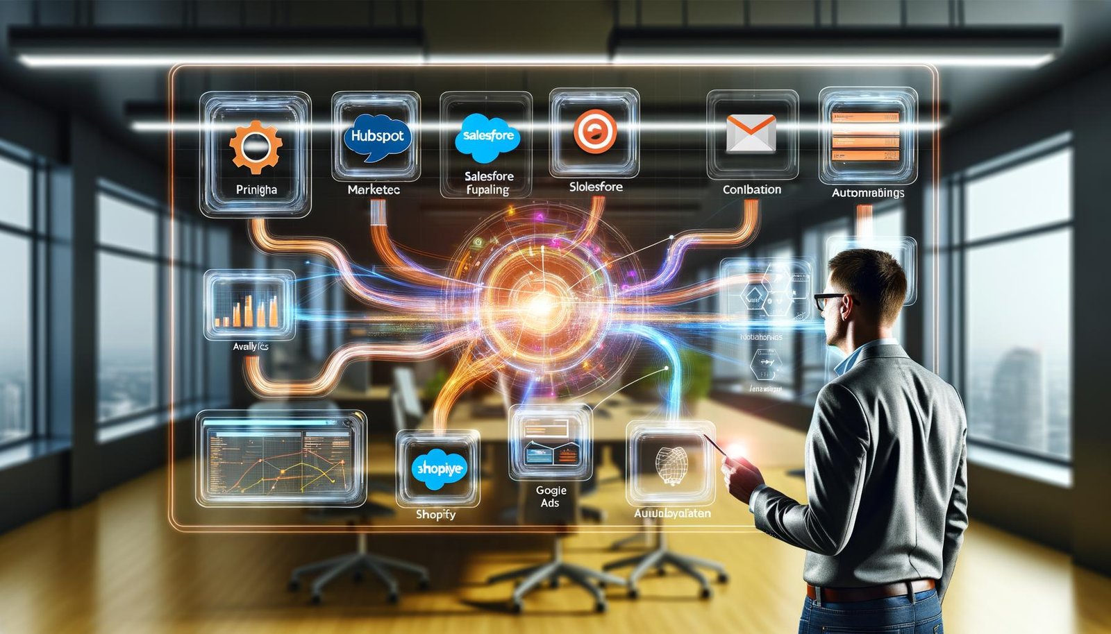 Marketerin bedient ein großes Touchscreen-Dashboard für visuelle No-Code-Workflows; Datenströme verknüpfen HubSpot, Salesforce, Shopify, Meta Ads und Google Analytics, mit transparenten Pipelines, Fehlerhandling, Analysen und Alerts in modernem, warm beleuchtetem Workspace.
