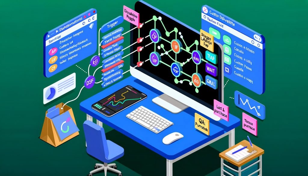 Isometrische Illustration eines aufgeräumten, futuristischen Digital‑Workspaces: großer Monitor mit ActiveCampaign‑Automationsflow (Trigger, If/Else, Wait, Tag, Goal, Webhook), daneben Zustellbarkeitseinstellungen SPF, DKIM, DMARC, benutzerdefinierte Felder „cf_stage_lifecycle“ und „cf_last_purchase_date“, segmentierte Listen mit Scoring, Slack‑Benachrichtigung, Notizen „Double Opt‑in“ und „QA: Test & Monitor“, Flowchart vom Signup zur Sales‑Pipeline, KPI‑Kurven und API‑Integration; klare Ordner‑ und Namenskonventionen in Blau‑/Türkis‑Weiß‑Palette.