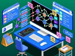 Isometrische Illustration eines aufgeräumten, futuristischen Digital‑Workspaces: großer Monitor mit ActiveCampaign‑Automationsflow (Trigger, If/Else, Wait, Tag, Goal, Webhook), daneben Zustellbarkeitseinstellungen SPF, DKIM, DMARC, benutzerdefinierte Felder „cf_stage_lifecycle“ und „cf_last_purchase_date“, segmentierte Listen mit Scoring, Slack‑Benachrichtigung, Notizen „Double Opt‑in“ und „QA: Test & Monitor“, Flowchart vom Signup zur Sales‑Pipeline, KPI‑Kurven und API‑Integration; klare Ordner‑ und Namenskonventionen in Blau‑/Türkis‑Weiß‑Palette.