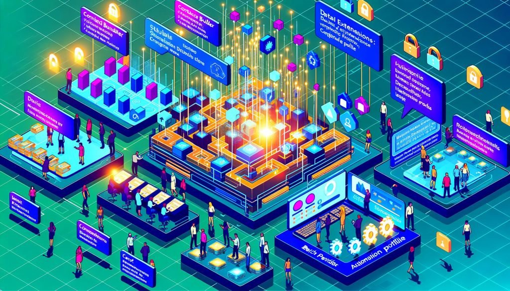 Isometrischer Digital-Workspace mit leuchtendem Blueprint (ContactKey, Data Extensions, Master Profile); Teams an Dashboards sowie Journey Builder und Automation Studio; Symbole für Batch, Trigger, Compliance und Monitoring.