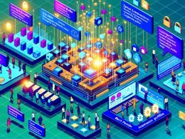 Isometrischer Digital-Workspace mit leuchtendem Blueprint (ContactKey, Data Extensions, Master Profile); Teams an Dashboards sowie Journey Builder und Automation Studio; Symbole für Batch, Trigger, Compliance und Monitoring.