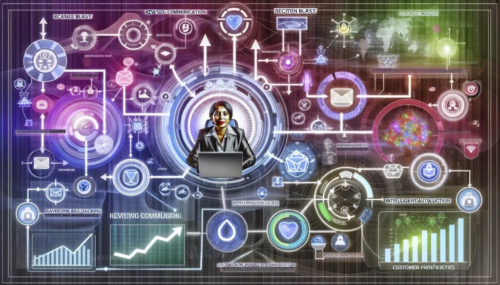 Digitales Control‑Center‑Dashboard mit vernetzten Klaviyo‑Flows, Zeitachsen, Konditions‑Splits, E‑Mail/SMS‑Icons, Umsatz‑Charts, Profilkarten und SPF/DKIM/DMARC‑Badges; im Hintergrund Wachstumspfeile und verblasste Newsletter‑Symbole.