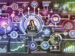 Digitales Control‑Center‑Dashboard mit vernetzten Klaviyo‑Flows, Zeitachsen, Konditions‑Splits, E‑Mail/SMS‑Icons, Umsatz‑Charts, Profilkarten und SPF/DKIM/DMARC‑Badges; im Hintergrund Wachstumspfeile und verblasste Newsletter‑Symbole.