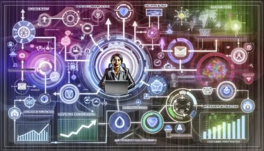 Digitales Control‑Center‑Dashboard mit vernetzten Klaviyo‑Flows, Zeitachsen, Konditions‑Splits, E‑Mail/SMS‑Icons, Umsatz‑Charts, Profilkarten und SPF/DKIM/DMARC‑Badges; im Hintergrund Wachstumspfeile und verblasste Newsletter‑Symbole.