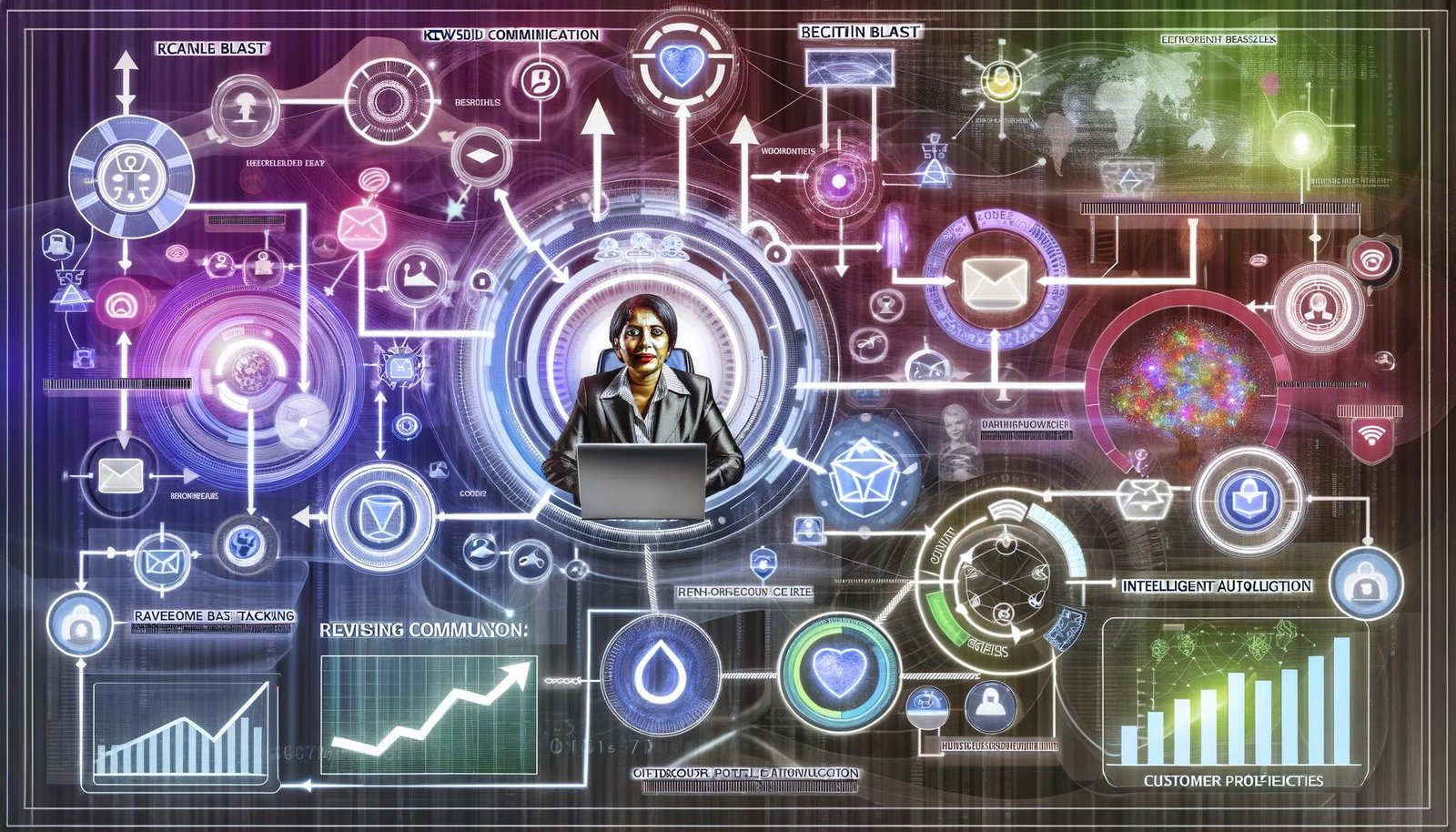 Digitales Control‑Center‑Dashboard mit vernetzten Klaviyo‑Flows, Zeitachsen, Konditions‑Splits, E‑Mail/SMS‑Icons, Umsatz‑Charts, Profilkarten und SPF/DKIM/DMARC‑Badges; im Hintergrund Wachstumspfeile und verblasste Newsletter‑Symbole.