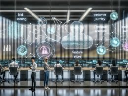Moderner Glas-Kontrollraum mit transparenten Dashboards; Team analysiert KI-CRM: Echtzeit-Lead-Scoring, prädiktive Grafiken, Customer Journey und Chatblasen; Sicherheit mit Schloss-Symbol, Audit-Logs und Identity-Resolution-Grafiken.