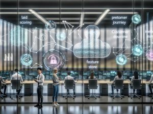 Moderner Glas-Kontrollraum mit transparenten Dashboards; Team analysiert KI-CRM: Echtzeit-Lead-Scoring, prädiktive Grafiken, Customer Journey und Chatblasen; Sicherheit mit Schloss-Symbol, Audit-Logs und Identity-Resolution-Grafiken.