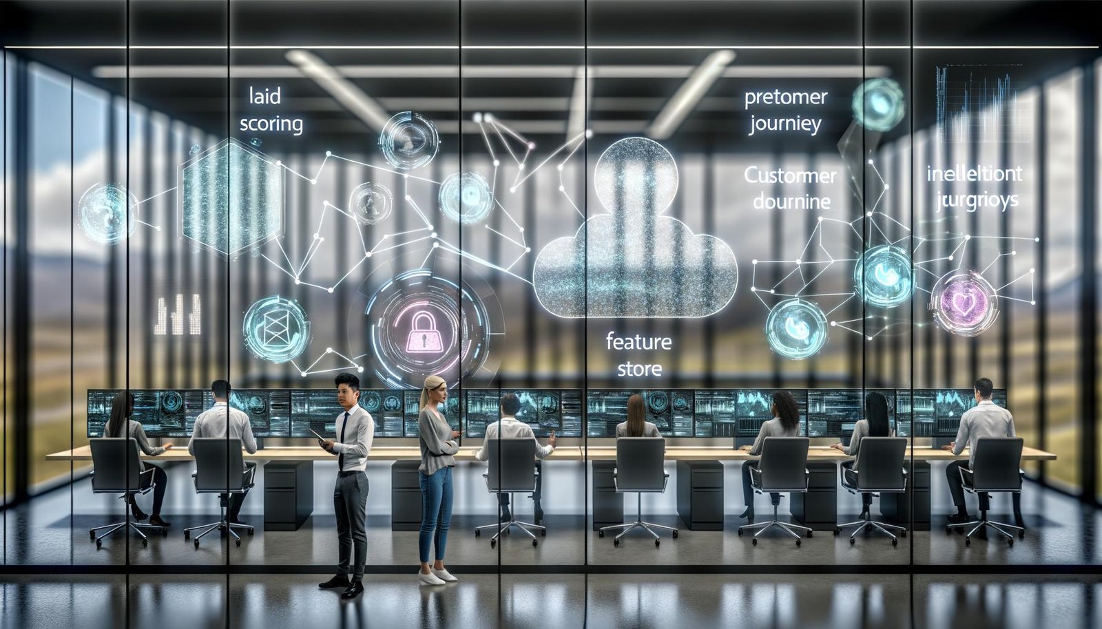 Moderner Glas-Kontrollraum mit transparenten Dashboards; Team analysiert KI-CRM: Echtzeit-Lead-Scoring, prädiktive Grafiken, Customer Journey und Chatblasen; Sicherheit mit Schloss-Symbol, Audit-Logs und Identity-Resolution-Grafiken.
