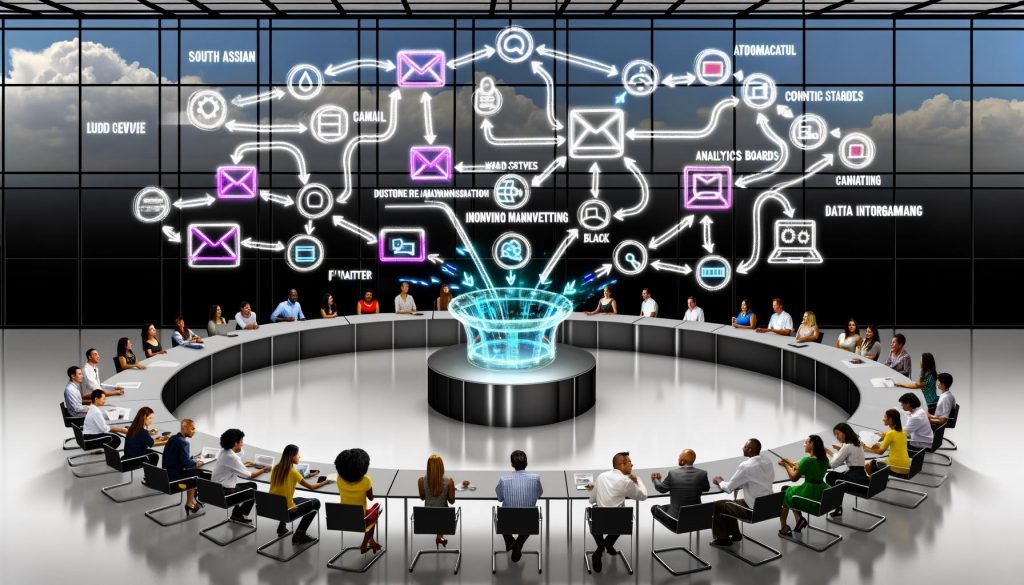 Dynamisches Büro: Digitalmarketer:innen kollaborieren vor Glaswänden mit Diagrammen; ein Zapier-Workflow verknüpft E-Mail, CRM, Analytics und Ads mit Webhooks, APIs und DSGVO-konformen Zuständen.