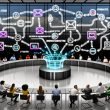 Dynamisches Büro: Digitalmarketer:innen kollaborieren vor Glaswänden mit Diagrammen; ein Zapier-Workflow verknüpft E-Mail, CRM, Analytics und Ads mit Webhooks, APIs und DSGVO-konformen Zuständen.