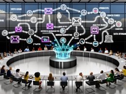 Dynamisches Büro: Digitalmarketer:innen kollaborieren vor Glaswänden mit Diagrammen; ein Zapier-Workflow verknüpft E-Mail, CRM, Analytics und Ads mit Webhooks, APIs und DSGVO-konformen Zuständen.