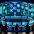 Futuristischer Kontrollraum in Blau/Teal: diverse Marketer an digitalen Terminals; holografische Flowcharts und System-Icons (CRM, E-Mail, Ads, Analytics, Warehouse); Touchscreens mit Mapping, Filtern, Routern und Echtzeit-Fehlerlogs; Sicherheits-Overlays mit Schloss, Schild und GDPR-Symbolen.