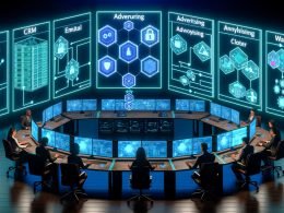 Futuristischer Kontrollraum in Blau/Teal: diverse Marketer an digitalen Terminals; holografische Flowcharts und System-Icons (CRM, E-Mail, Ads, Analytics, Warehouse); Touchscreens mit Mapping, Filtern, Routern und Echtzeit-Fehlerlogs; Sicherheits-Overlays mit Schloss, Schild und GDPR-Symbolen.