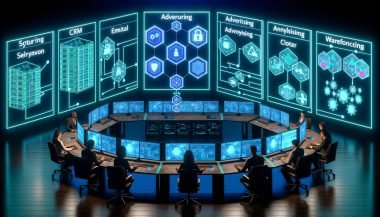 Futuristischer Kontrollraum in Blau/Teal: diverse Marketer an digitalen Terminals; holografische Flowcharts und System-Icons (CRM, E-Mail, Ads, Analytics, Warehouse); Touchscreens mit Mapping, Filtern, Routern und Echtzeit-Fehlerlogs; Sicherheits-Overlays mit Schloss, Schild und GDPR-Symbolen.