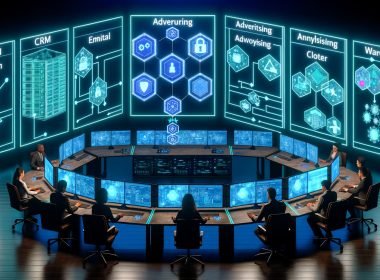 Futuristischer Kontrollraum in Blau/Teal: diverse Marketer an digitalen Terminals; holografische Flowcharts und System-Icons (CRM, E-Mail, Ads, Analytics, Warehouse); Touchscreens mit Mapping, Filtern, Routern und Echtzeit-Fehlerlogs; Sicherheits-Overlays mit Schloss, Schild und GDPR-Symbolen.